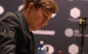 NEW YORK, NY - NOVEMBER 12: Chess grandmaster Sergey Karjakin reacts during the game against Reigning Chess Champion Magnus Carlsen at 2016 World Chess Championship at Fulton Market Building on November 12, 2016 in New York City. (Photo by Jason Kempin/Getty Images for Agon Limited)
